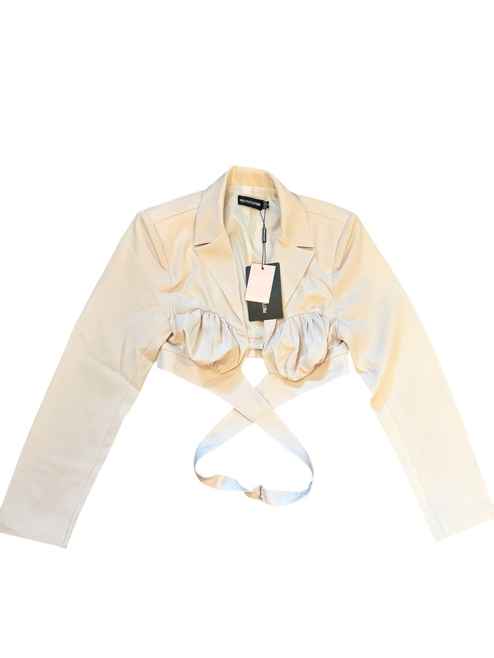 PrettyLittleThing Stone Ruched Bust Cropped Blazer Wrap Waist Petite‎ 2 NWT